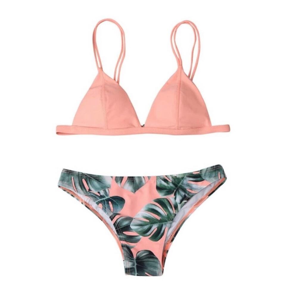 Zaful Pink Palm Tree Print Bikini Medium